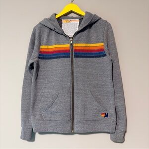 Grey Aviator Nation zip-up hoodie with rainbow stripe medium